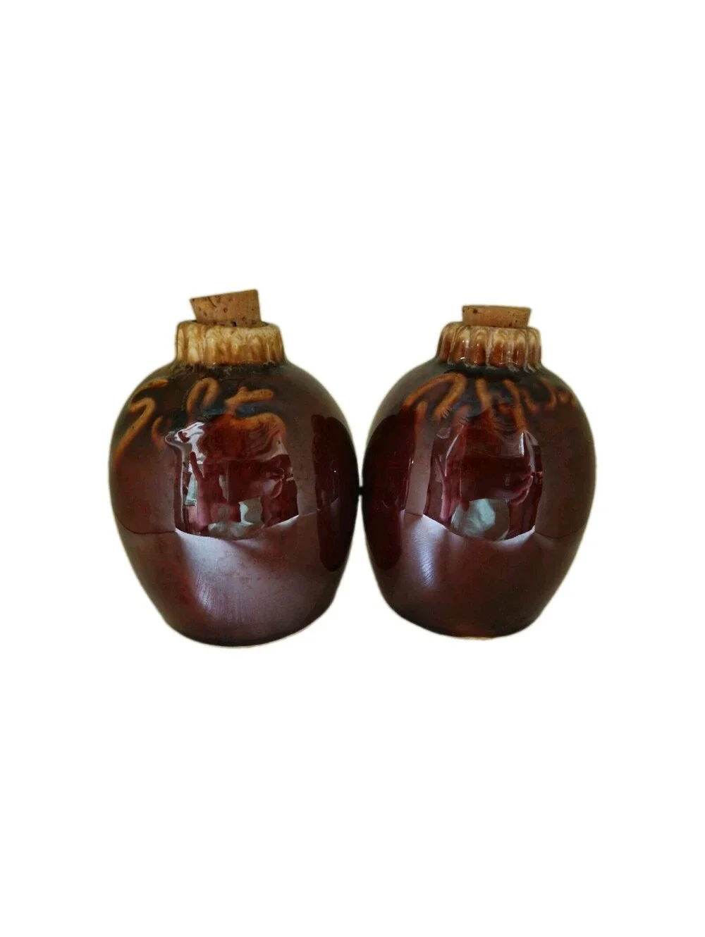 Hull Salt & Pepper Shakers Brown Drip With Corks Vintage Oven Proof USA Ceramic